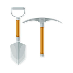 Archaeological excavation tools. Shovel and pickaxe vector illustration