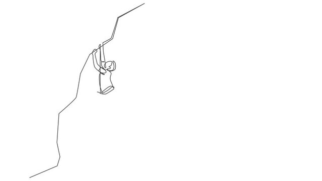 Animation of one line drawing of young active man climbing on cliff mountain holding safety rope. Extreme outdoor sport and bouldering concept. Continuous line self draw animated. Full length motion.