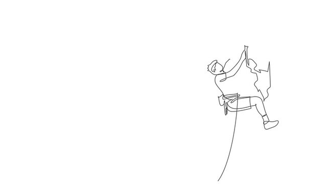 Animation of one line drawing of young active man climbing on cliff mountain holding safety rope. Extreme outdoor sport and bouldering concept. Continuous line self draw animated. Full length motion.