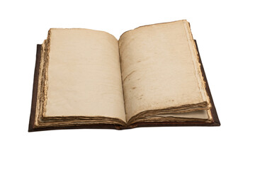 An open empty old notebook isolated on a white background.