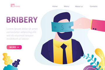 Bribery, landing page template. Hand with banknote closes eyes of politician. Civil servant is offered money. Concept of corruption, bribery. Portrait of corrupt official.
