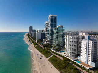 epic miami beach aerial of buildings and hotels in the summer on sunny day