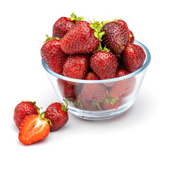 Fresh strawberries in glass bowl, isolated on white background.