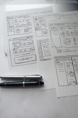 Mockups and patterns of IT project. Lists of hand drawn templates, notebook and fountain pens....