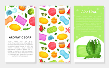 Aromatic soap card template with handmade organic soaps and space for text. Aloe vera organic soap, homemade cosmetics vector illustration
