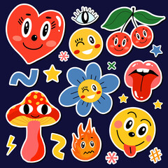 Abstract shapes, funny comic cute characters and doodles stickers patches badges. Trendy modern style emoticons set. Vector illustration