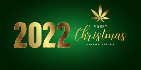 Gold Marijuana leaf and 2020 year. Happy New Year, Merry Christmas elegant text design for greeting card. Vector illustration.