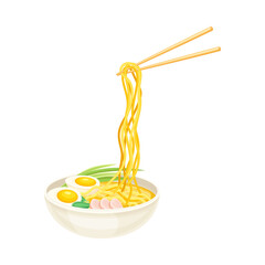 Bowl of ramen soup with chopsticks. Traditional Asian meal with noodles, broth, egg and meat vector illustration