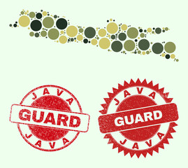 Vector round elements collage Java Island map in camouflage colors, and scratched stamp imitations for guard and military services. Round red stamp seals contain phrase GUARD inside.