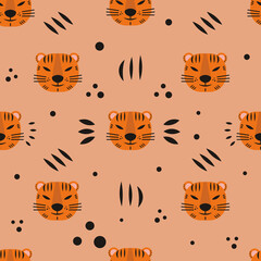 Minimalist seamless vector pattern with tigers in honor of the New Year 2022. Pattern for printing on fabric, wrapping paper, postcard, cover, stickers