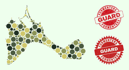 Vector spheric parts collage Formentera Island map in khaki hues, and dirty seals for guard and military services. Round red imprints include phrase GUARD inside.