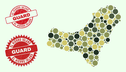 Vector round elements collage El Hierro Island map in khaki hues, and textured stamps for guard and military services. Round red stamp seals contain phrase GUARD inside.
