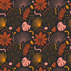 Seamless modern pattern. Abstract background with linear tropical leaves on a dark background. Flat and line art. Trendy wrapping paper. Vector Illustration.