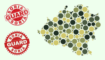 Vector circle items composition Soria Province map in khaki hues, and unclean stamp prints for guard and military services. Round red stamp seals contain phrase GUARD inside.