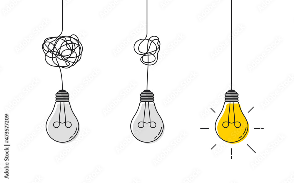 Aufkleber Hanging extinct light bulbs with knot tangled cable and one glowing with straight cord. Concept of idea and choosing successful idea from many failed ones. Flat style. Vector illustration.