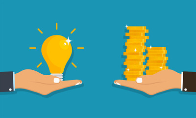 Hand holds light bulb with idea and giving receiving golden coins from other hand. Concept for business idea sell, buyer and customer. Vector illustration. - obrazy, fototapety, plakaty