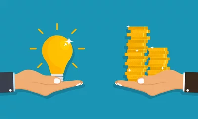 Foto op Plexiglas Hand holds light bulb with idea and giving receiving golden coins from other hand. Concept for business idea sell, buyer and customer. Vector illustration. © Roman