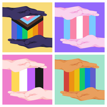 Diverse hands holding LGBTQ gender inclusive flags 