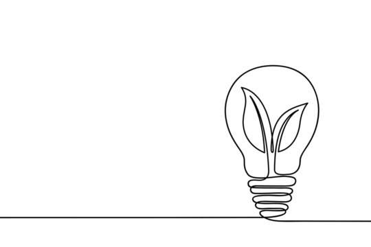 Continuous one line drawing of plant inside light bulb. Lightbulb and sprout with leaves single line draw. Concept of green energy or eco energy. Vector illustration.