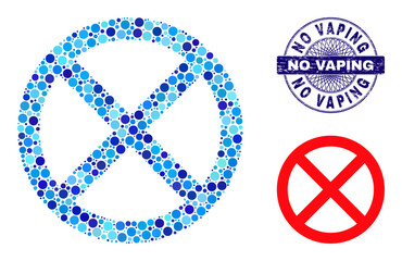 Round dot collage stopped icon and NO VAPING round rubber stamp seal. Blue stamp includes NO VAPING text inside circle and guilloche ornament. Vector collage is based on stopped symbol,