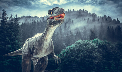 Prehistoric dinosaur on the background of the ancient world. - obrazy, fototapety, plakaty