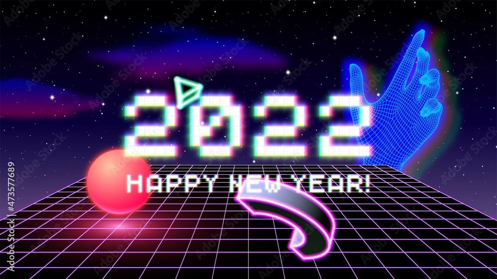 Poster 2022 new year sign with glitched glowing pixels and abstract 90s styled composition of 3d shapes. wi
