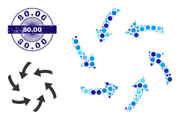 Round dot collage swirl arrows icon and 80.00 round grunge stamp imitation. Blue seal includes 80.00 text inside circle and guilloche decoration. Vector collage is based on swirl arrows symbol,