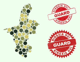 Vector circle parts collage Ningxia Hui Region map in khaki hues, and unclean watermarks for guard and military services. Round red imprints include phrase GUARD inside.