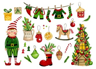 Watercolor set of Christmas elements in red and green colors on a white background. Christmas tree, Elf, gifts, boots, sweets, Christmas decorations, Christmas tree branches. Christmas elements