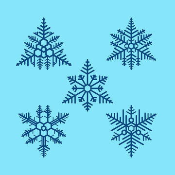 Set of five dark blue snowflake icon collection patterns. Abstract image on a blue background. Element design for logo, symbol, banner, card, cover, poster, tile, wall. Vector illustration.