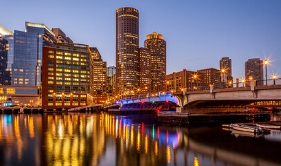 Boston in Massachusetts, USA showcasing the Boston Harbor and Financial District.