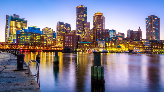 Boston in Massachusetts, USA showcasing the Boston Harbor and Financial District.