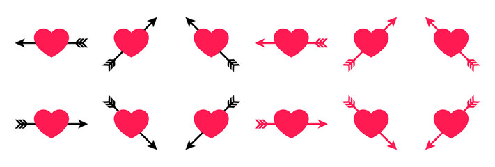 Heart with Arrow Illustration Set. Heart with Arrow Going Through. Collection of Heart and Arrow Icon Illustrations.