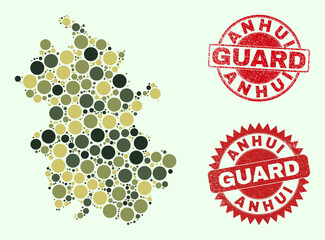 Vector round parts combination Anhui Province map in khaki hues, and corroded stamps for guard and military services. Round red imprints include word GUARD inside.