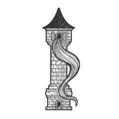 Rapunzel fairy tale long hair hanging from the tower sketch engraving vector illustration. T-shirt apparel print design. Scratch board imitation. Black and white hand drawn image.