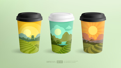 Coffee Cup mock-up set with cover design of plantations and fields landscapes - vector template. Coffee or Tea beverage paper cups with rainforest and mountain valley background - obrazy, fototapety, plakaty