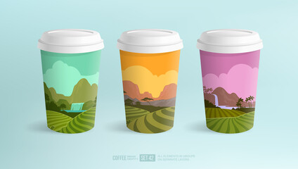 Realistic Coffee Cup mock-up set of cover design with plantations and fields landscapes - vector template. Coffee or Tea beverage paper cups with rainforest and mountain valley background