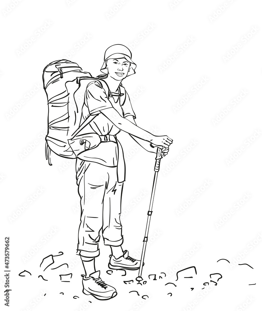 Wall mural Sketch of trekking woman with big backpack, Hand drawn Vector linear illustration