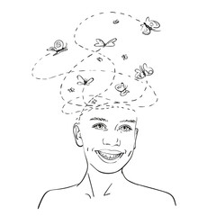 Portrait of happy magic dreaming girl with butterflies flying out from her head, Hand drawn illustration, Vector sketch