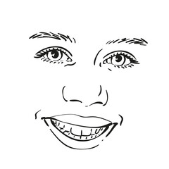 Beautiful smiling face of teenage girl with beautiful eyes and thick natural eyebrows, Vector sketch close up, Hand drawn illustration