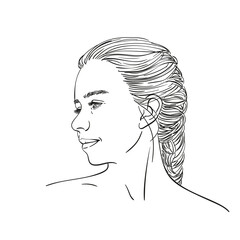 Face of young teenage girl in profile with long hair in braid, Hand drawn linear illustration isolated on white background, Vector sketch