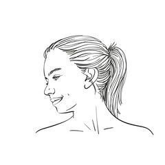 Face of young teenage girl in profile with long hair in ponytail, Hand drawn linear illustration isolated on white background, Vector sketch