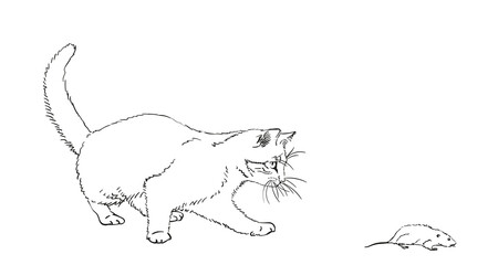 Sketch of cat playing with mouse, Hand drawn vector illustration