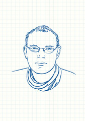 Young man in glasses, Blue pen sketch on square grid notebook page, Hand drawn vector illustration