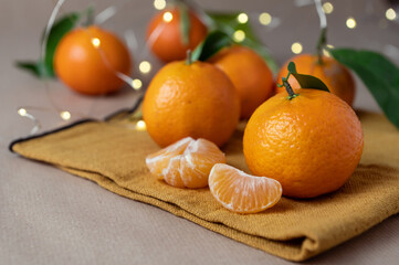 Closeup photo of fresh juicy clementine mandarins on orange napkin at winter