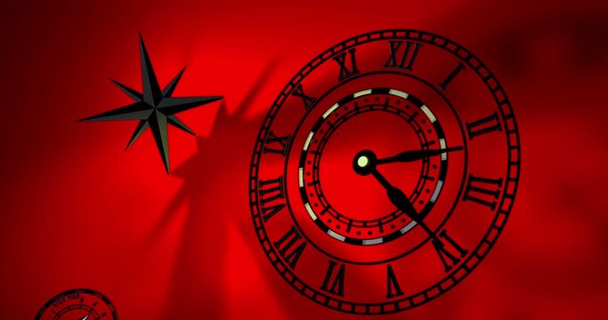 3D animation of an old traditional antique clock. Nautical symbols on red background. Animated abstract camera movement through 3D space with Clock and Compass. Shadows moving over the wall clock .