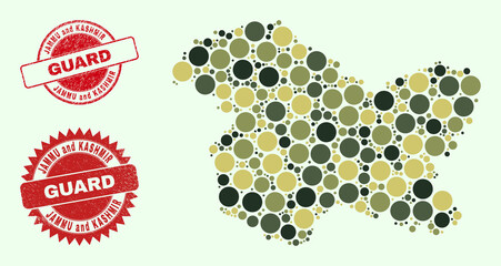 Vector round items mosaic Jammu and Kashmir State map in khaki hues, and dirty stamp imitations for guard and military services. Round red seals have word GUARD inside.