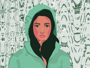 Ilustracja portret młoda dziewczyna w kapturze  z ciemnymi włosami na abstrakcyjnym tle © Monika