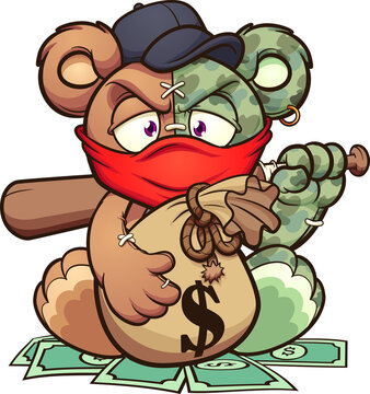 Cartoon angry Teddy bear holding a baseball bat and keeping a big bag on money. Vector clip art illustration with simple gradients. All on a single layer.
