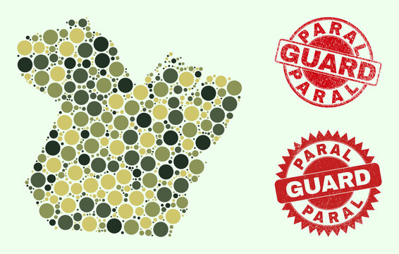 Vector circle elements collage Paral State map in khaki hues, and rubber seals for guard and military services. Round red imprints include word GUARD inside.